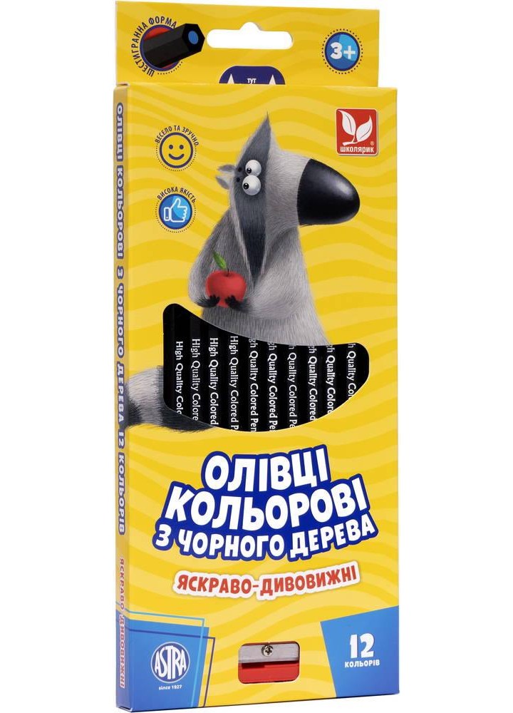 Олівці кольорові шестигранні з чорного дерева + чинка - 12 кольорів (312114001-UA) - ШКОЛЯРИК