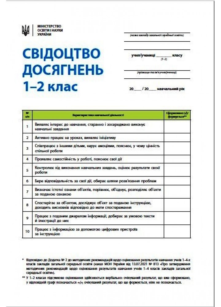 Свідоцтво досягнень учня 1-2 клас - РАНОК НП