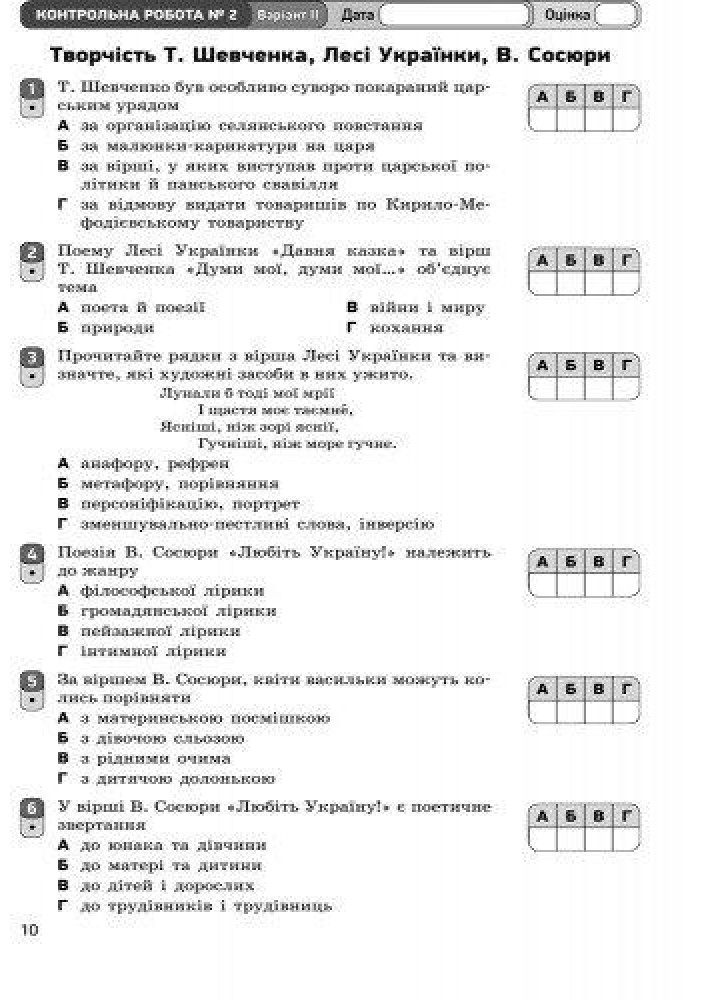 Українська література, 8 кл., Зошит для контролю навчальних досягень учнів - РАНОК (119794)