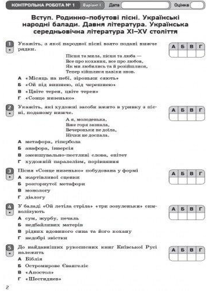 Українська література, 9 кл., Зошит для контролю навчальних досягень учнів - РАНОК (119795)